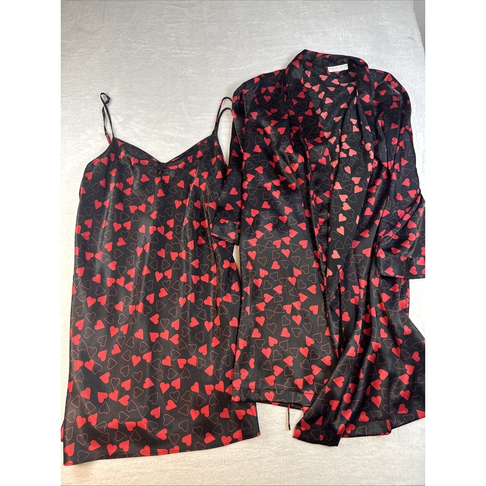 Morgan Taylor Black Red Hearts Large Nightgown & Robe Sexy Satiny Love 💕
